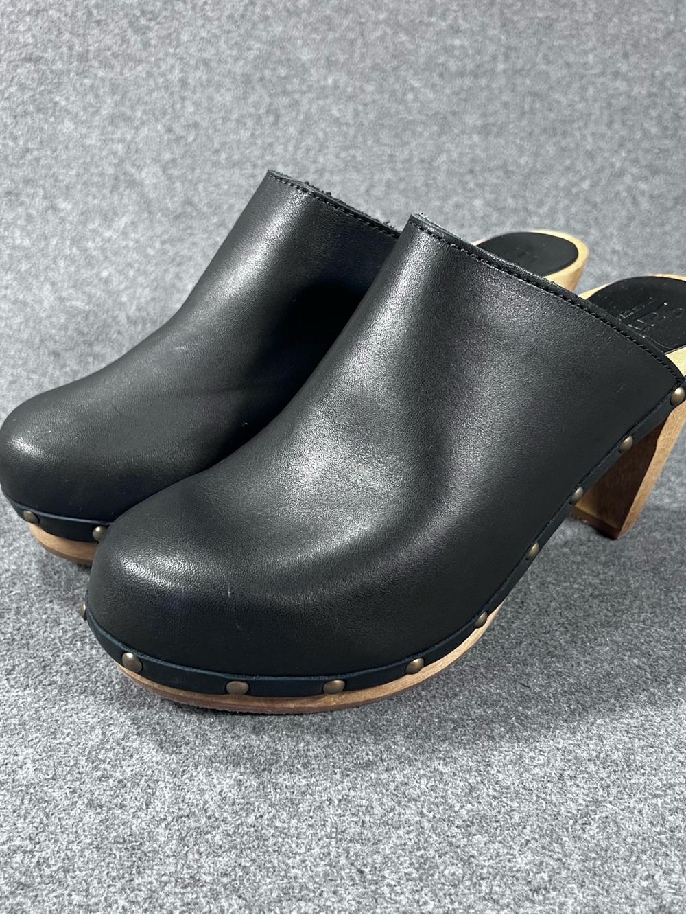 Sanita Women’s Black Leather Clog Slip-On Studded Wooden High Heel EU 39 US 9